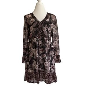 Knox Rose Dress Black Pink Floral Sheer Bell Sleeve Boho Dress Size XS